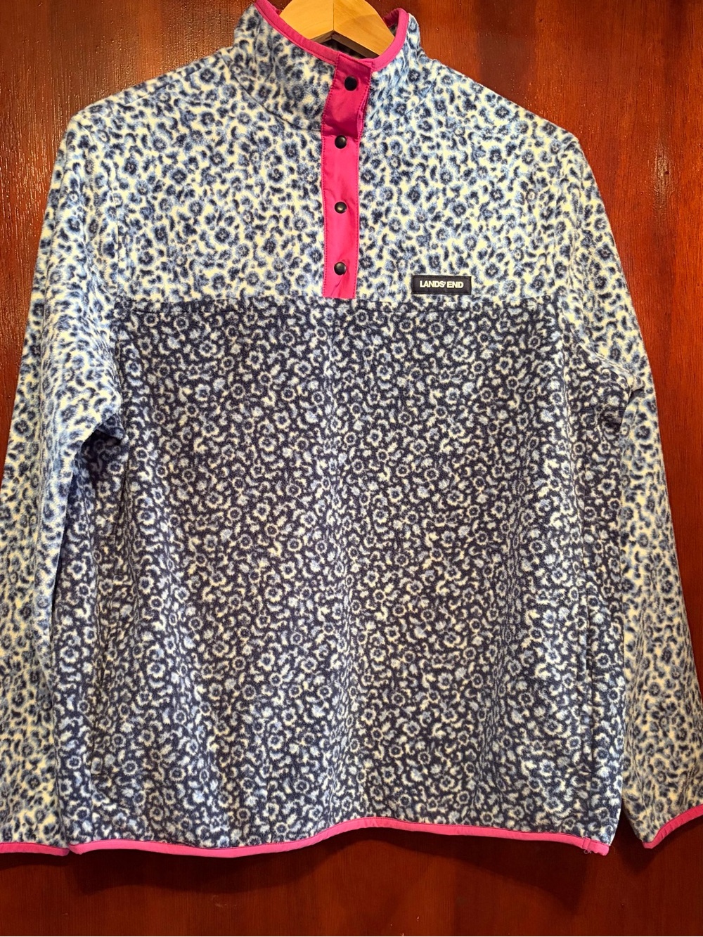 Lands' End Women’s Blue Floral Fleece Pullover with Pink Trim